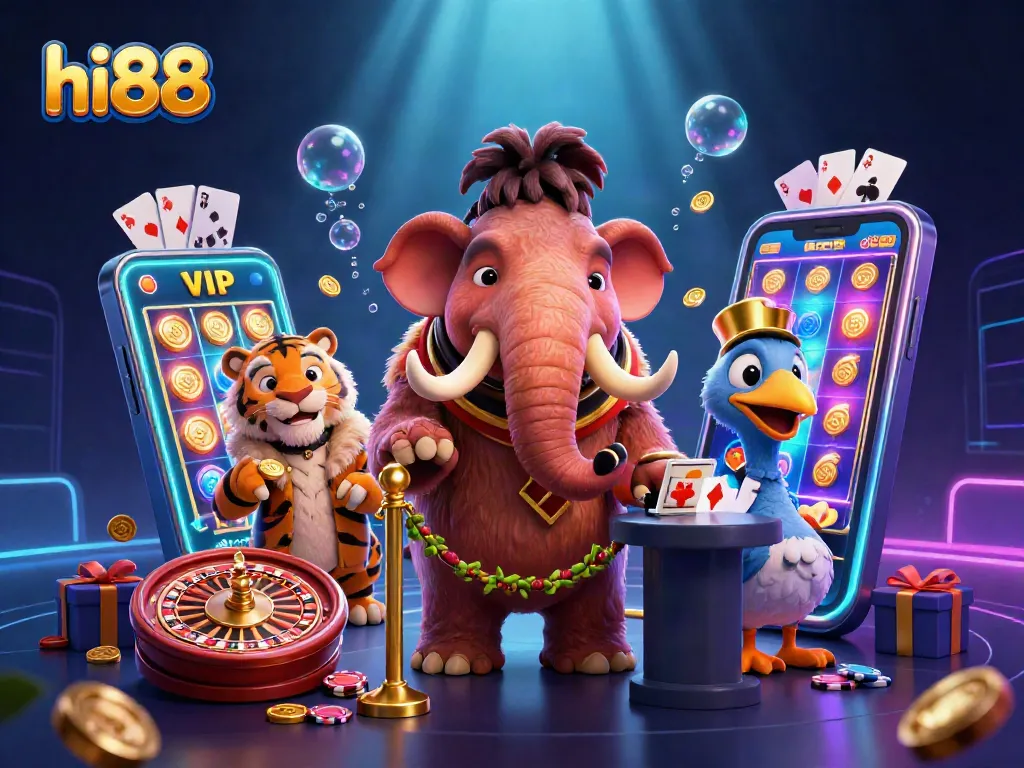 Engage with hi88's vibrant casino scene featuring cartoon characters and dynamic gaming elements.