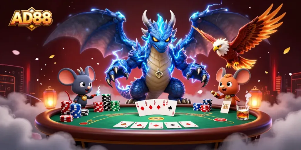 AD88 showcases an exhilarating poker night with dynamic 3D characters and vibrant gaming elements.