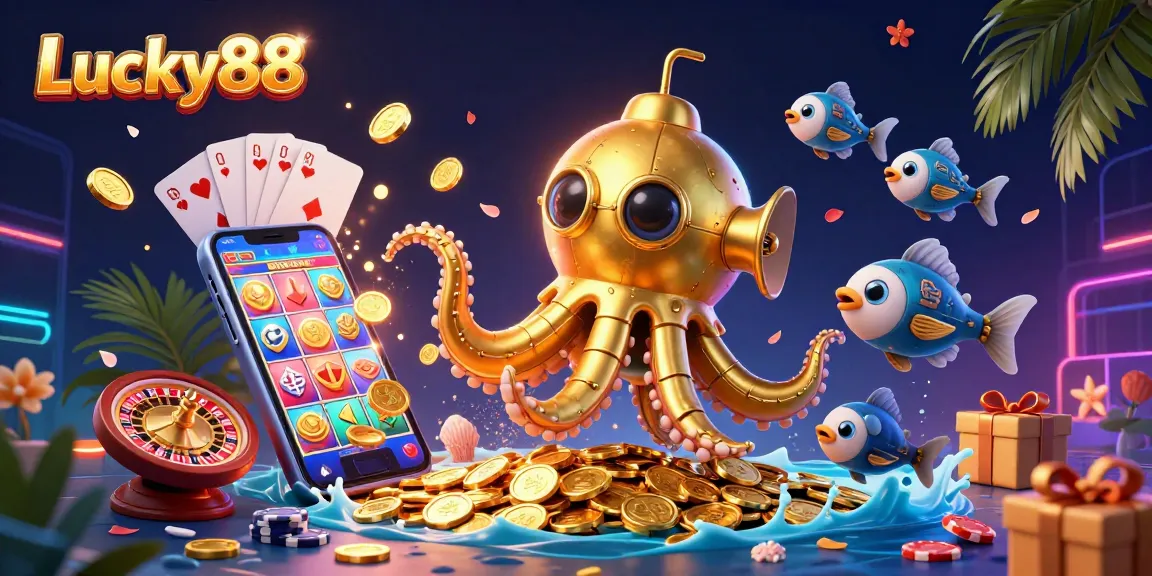 Experience the excitement of Lucky88 with a vibrant 3D kraken submarine amidst golden coins and dynamic casino elements.